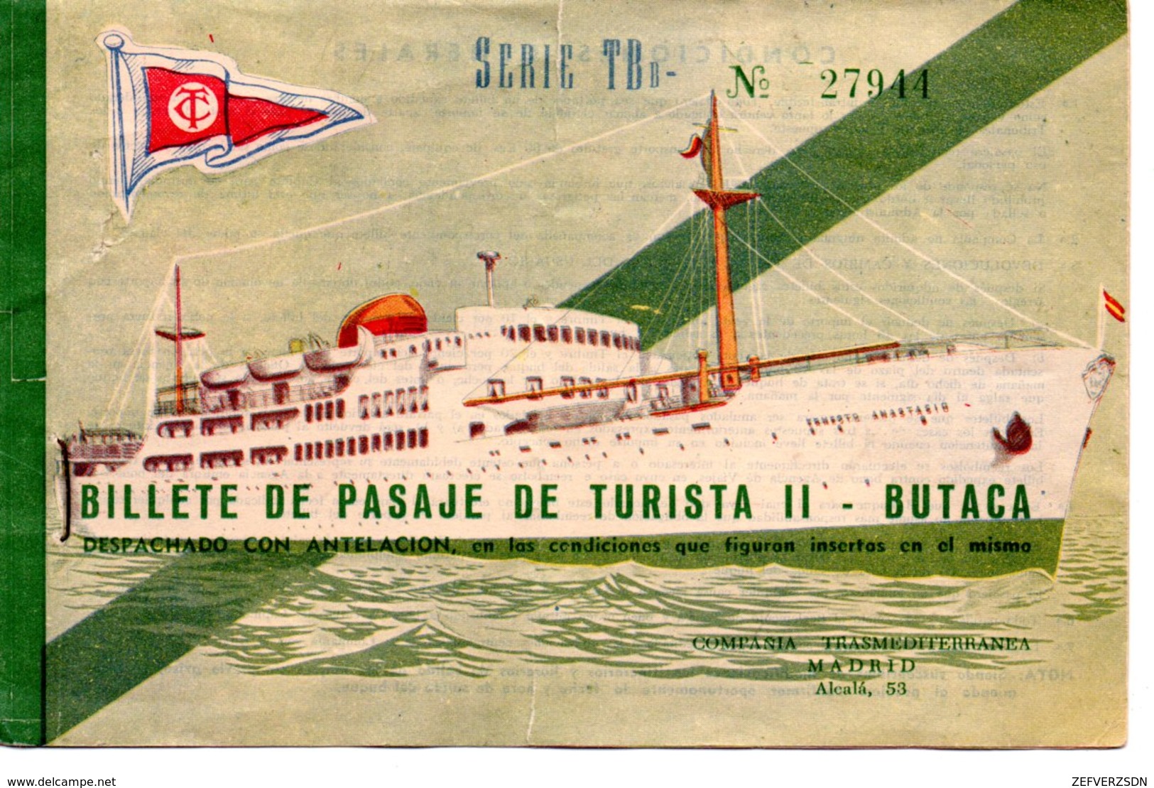 TITRE DE TRANSPORT BILLET COMPAGNIE MADRID TRANSMEDITERRANEA BATEAU BATEAUX - Europa