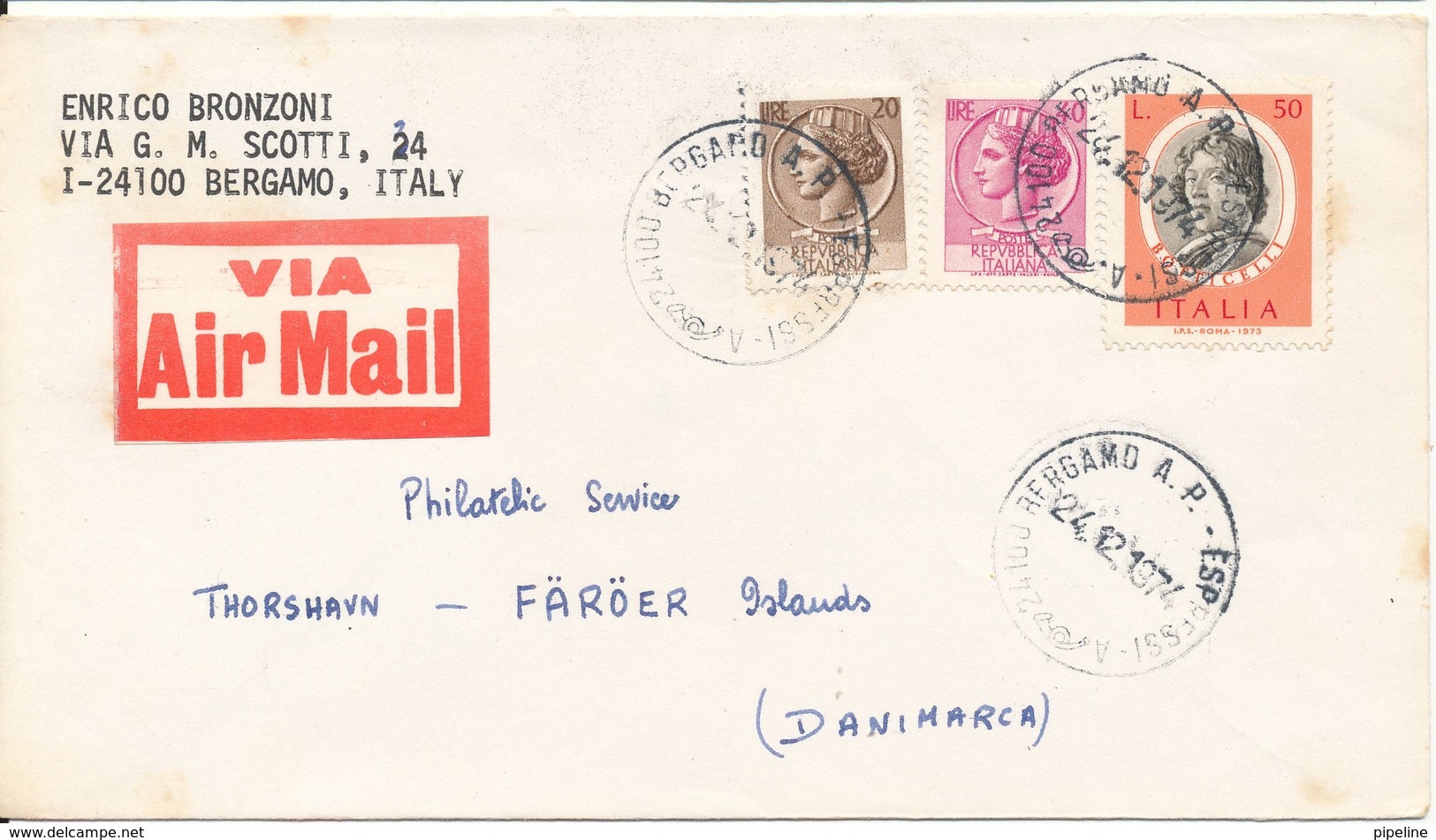 Italy Cover Sent To Faroe Islands 24-12-1974 - 1971-80: Marcophilie