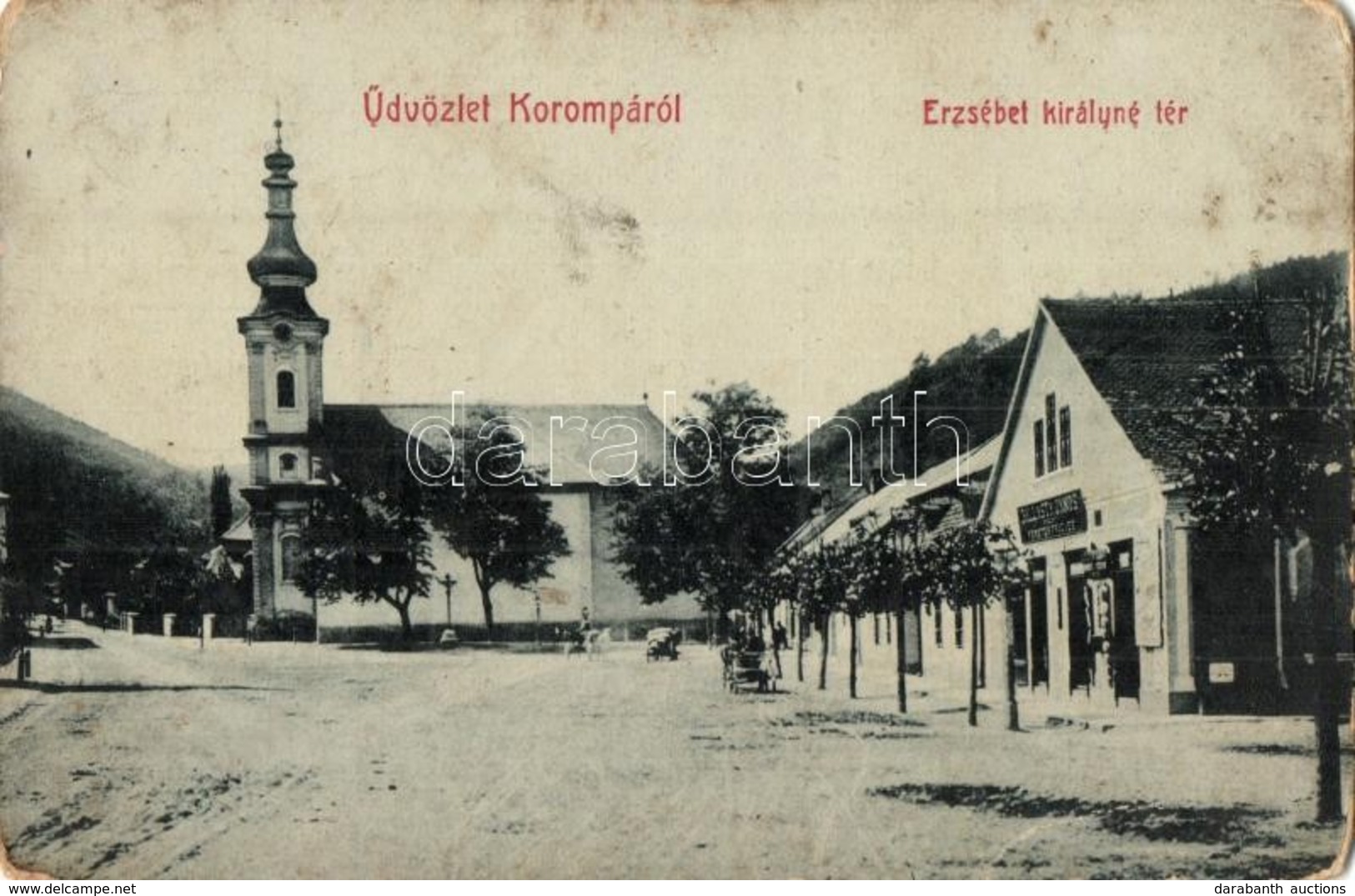 ** T3 Korompa, Krompach; Erzsébet Királyné Tér, Római Katolikus Templom, Dall' Asta János üzlete és Saját Kiadása. W. L. - Unclassified