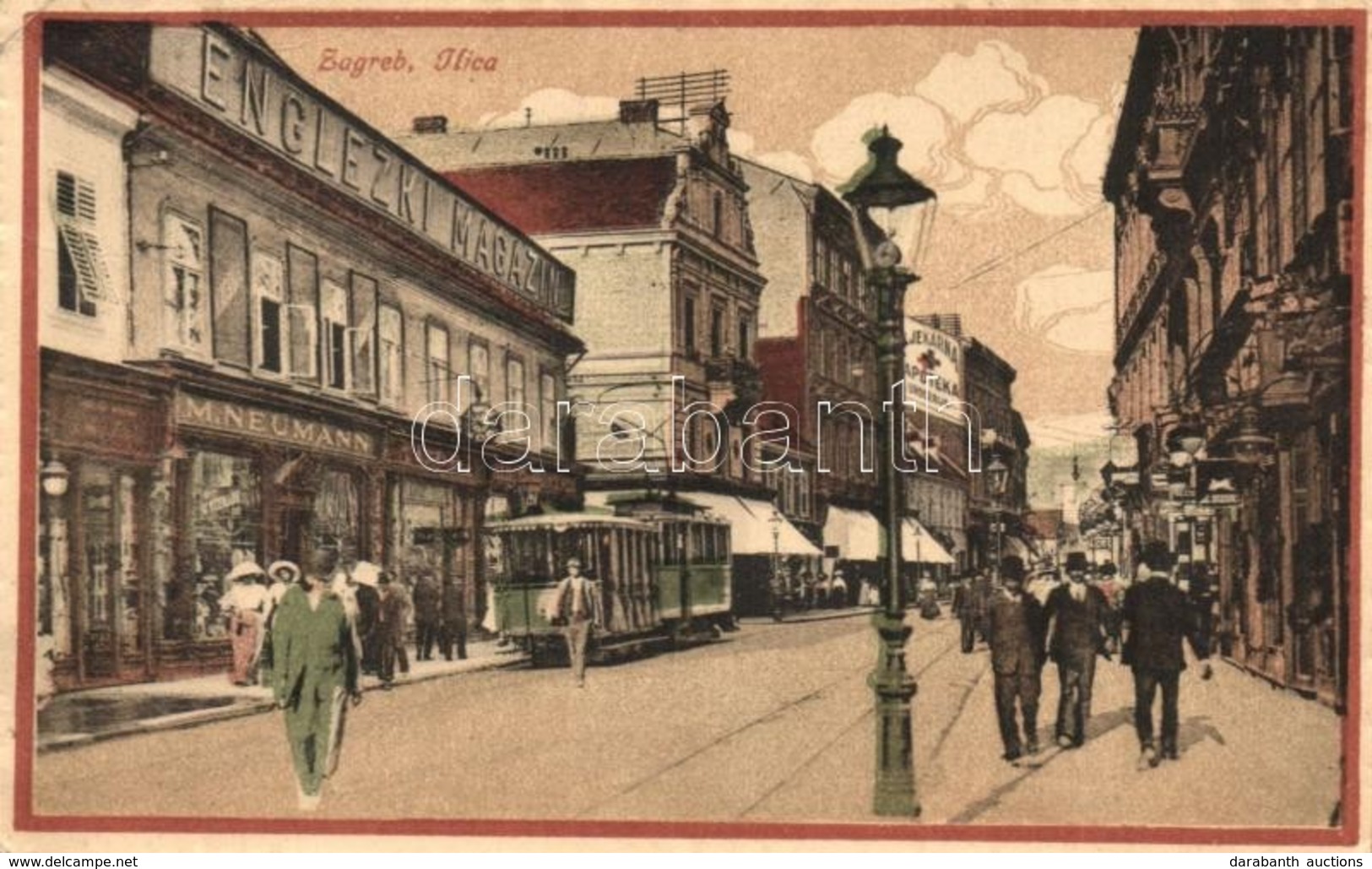 * T2/T3 1918 Zagreb, Zágráb; Ilica, Engleczki Magazin, M. Neumann, Ljekarna / Street View With Shops, Pharmacy And Tram  - Ohne Zuordnung