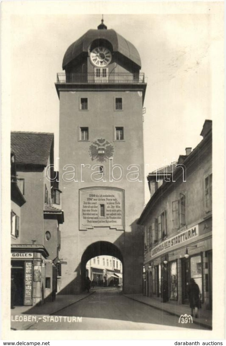 ** T1 Leoben, Stadtturm, Warenhaus Beim Stadtturm, Hnas Gölles / Clock Tower, Street With Shops - Ohne Zuordnung