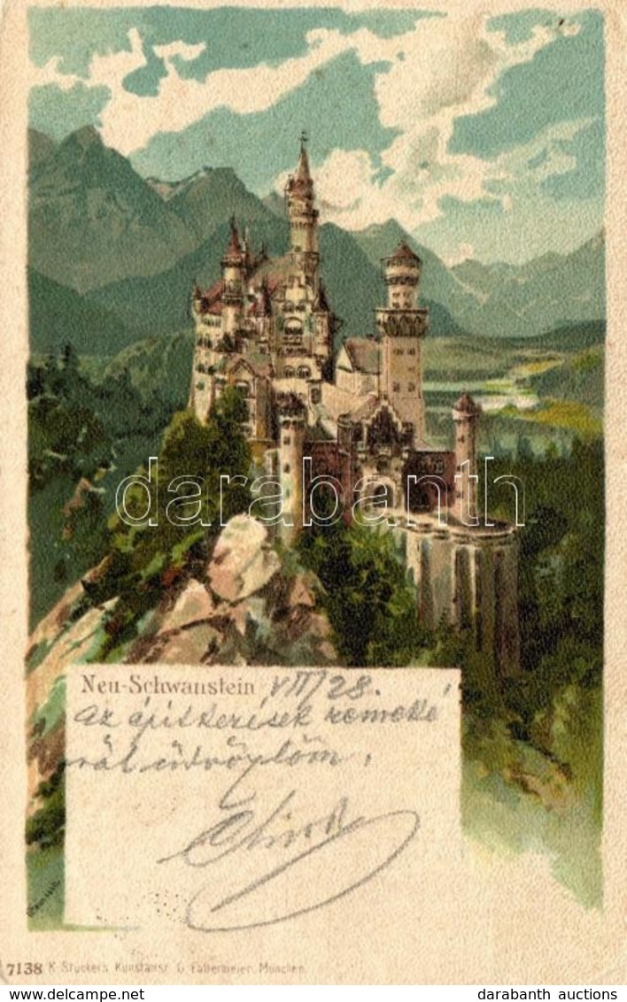 T2 1899 Neuschwanstein, K. Stucker's Kunstanstalt, Artist Signed Litho - Ohne Zuordnung