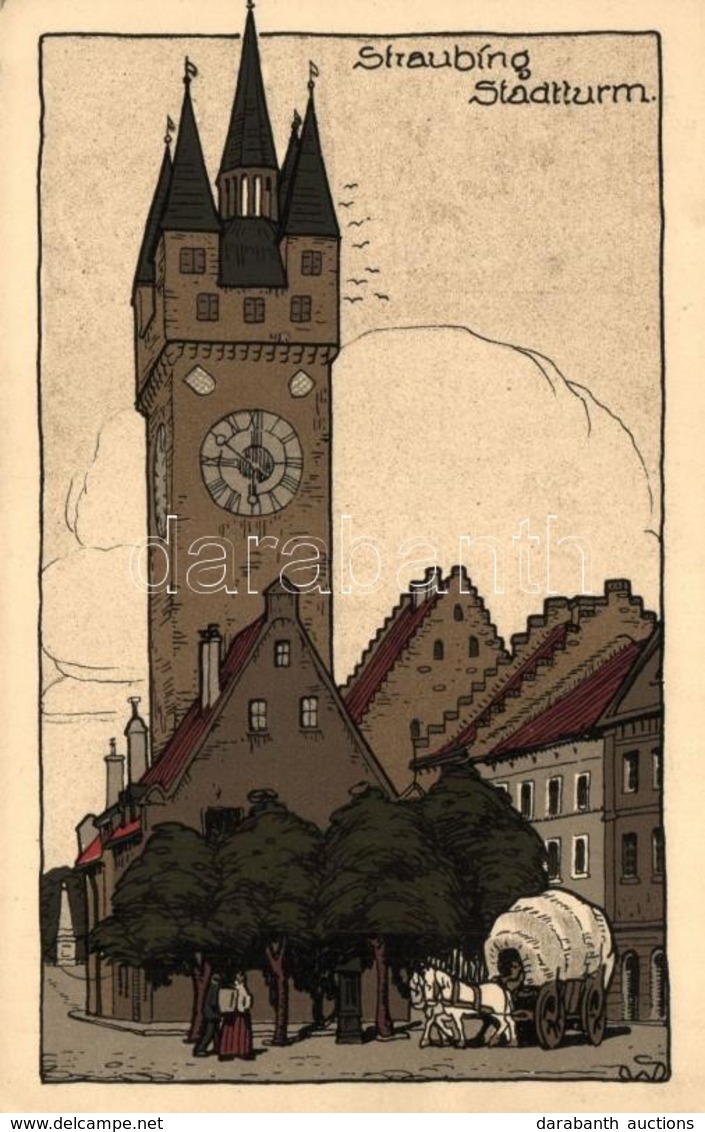 * T1/T2 Straubing, Stadtturm; Künstler Stein-Zeichnung / City Tower, Art Postcard - Ohne Zuordnung