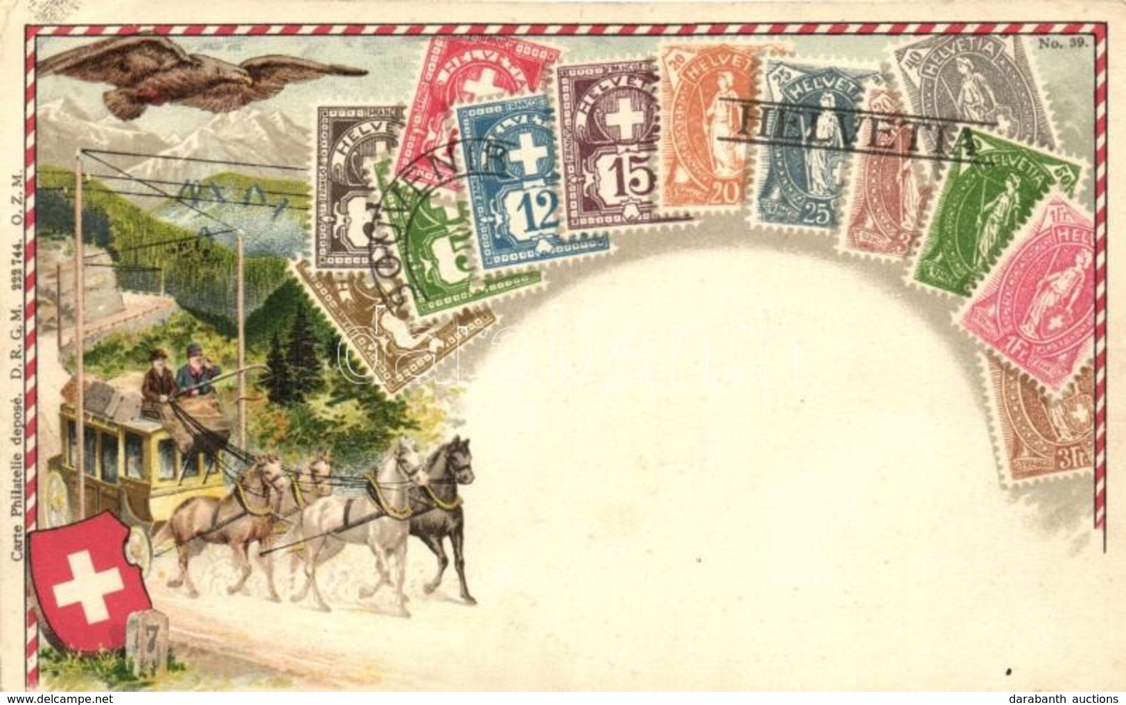 ** T2/T3 Schweizerische Gebirgspost / Swiss Post Carriage, Stamps, Ottmar Zieher's Carte Philatelie No. 39. Litho (EK) - Ohne Zuordnung