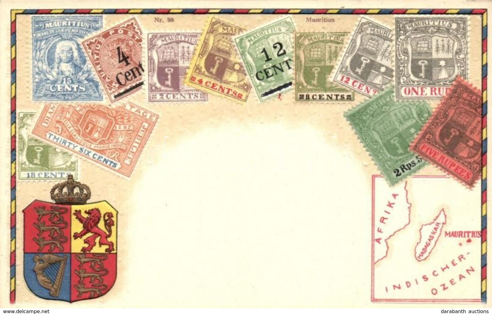 ** T1 Mauritius, Set Of Stamps, Coat Of Arms, Map, Ottmar Zieher's Carte Philatelique Nr. 88. Emb. Litho - Ohne Zuordnung