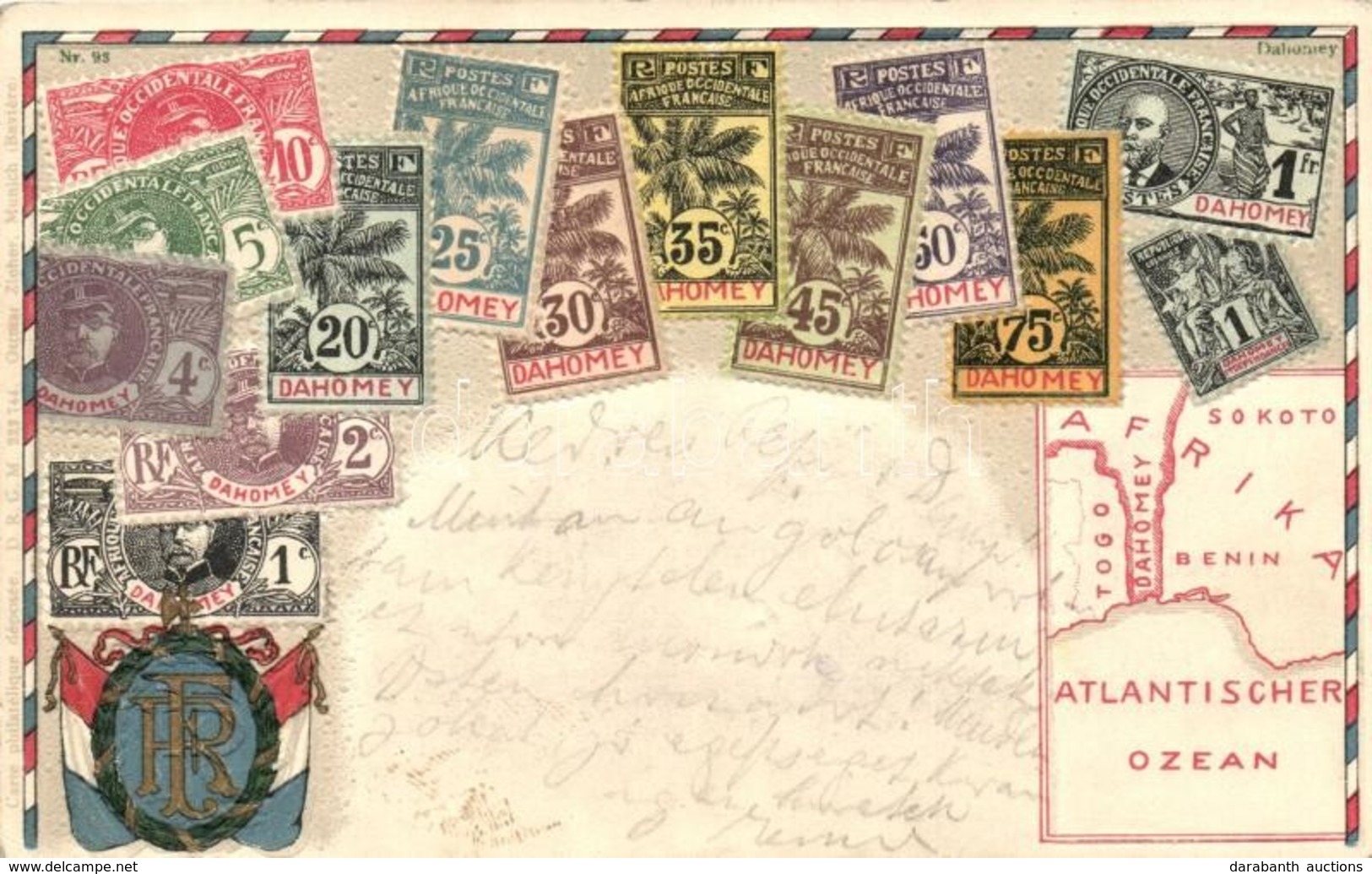 T2/T3 Dahomey, Set Of Stamps, Coat Of Arms, Map, Ottmar Zieher's Carte Philatelique Nr. 98. Emb. Litho (EK) - Ohne Zuordnung