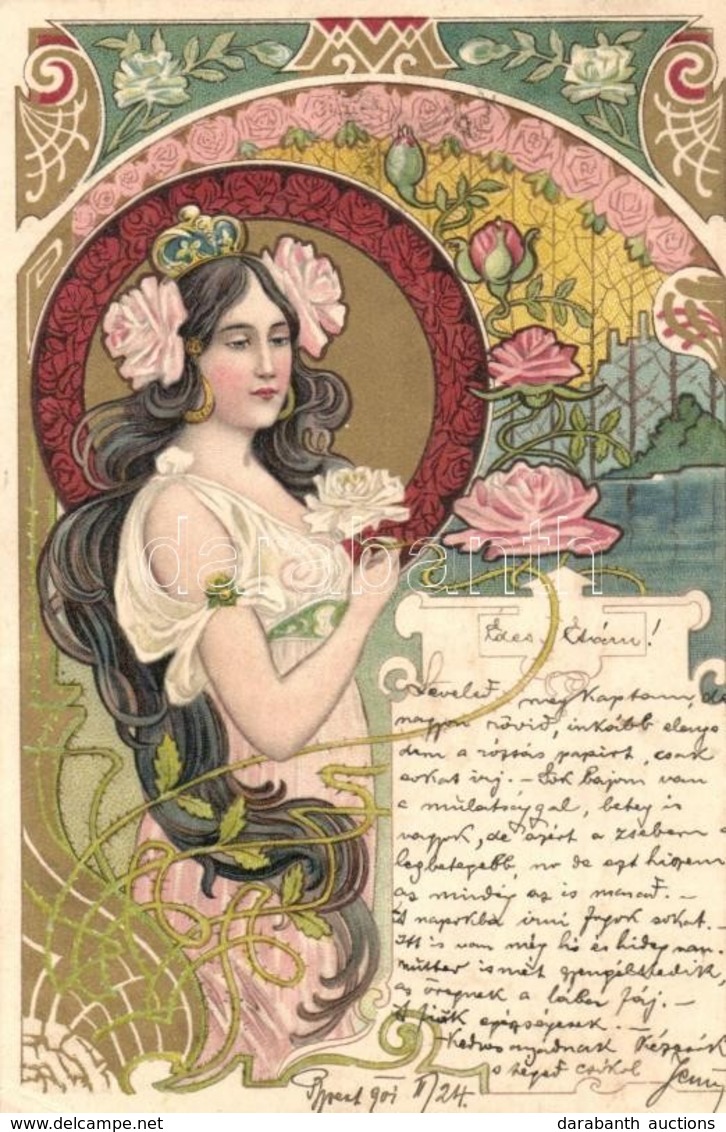 T2/T3 Art Nouveau Lady, Floral, Litho Art Postcard (EK) - Ohne Zuordnung