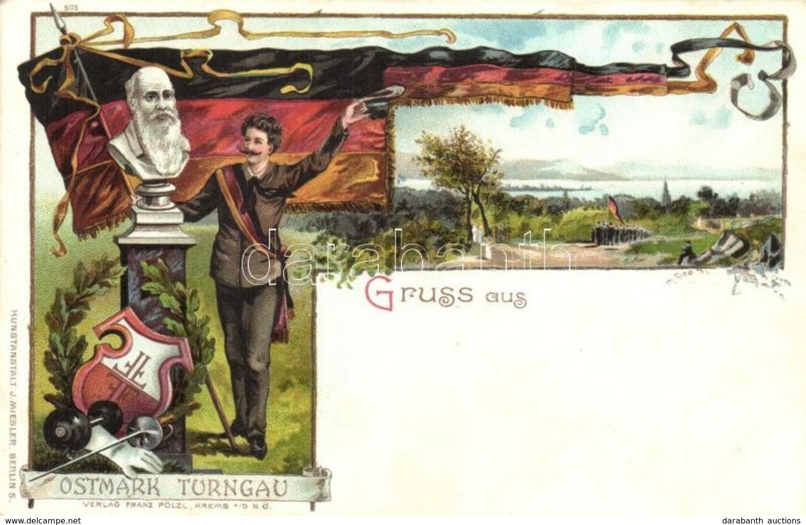 ** T2 Gruss Aus Ostmark Turngau / German Sport Organisation And Club's Art Nouveau Advertisement Card, Fencing, Coat Of  - Unclassified