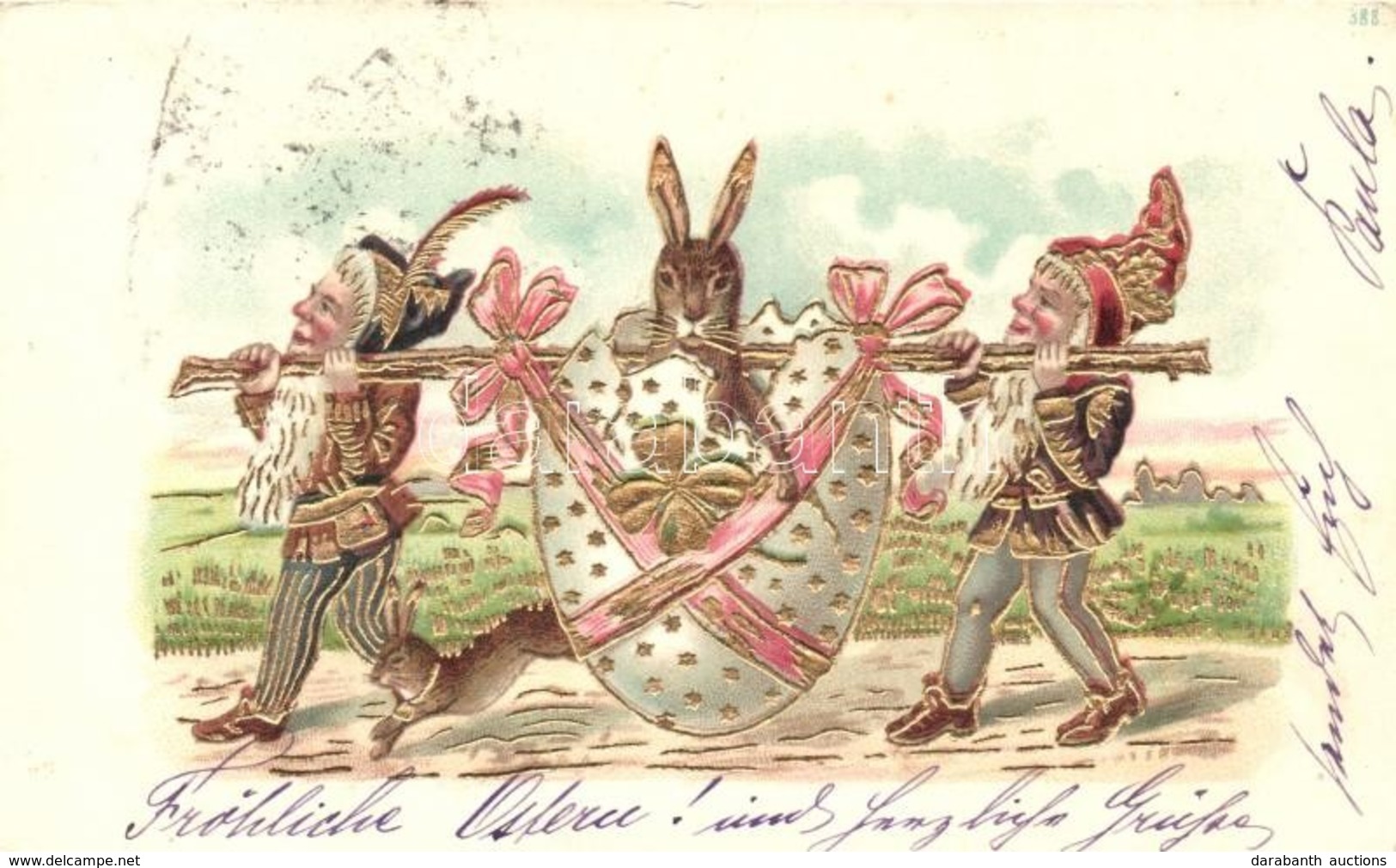 T2/T3 Húsvéti üdvözlet. Nyuszik Törpékkel / Easter Greeting Art Postcard. Dwarves With Rabbit In Egg; Golden Decoration  - Ohne Zuordnung