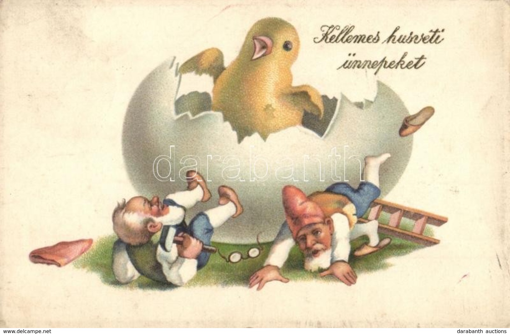 T2/T3 Kellemes Húsvéti Ünnepeket! / Easter Greeting Card, Dwarves And Chicken. Erika Nr. 2002. Litho (EK) - Unclassified