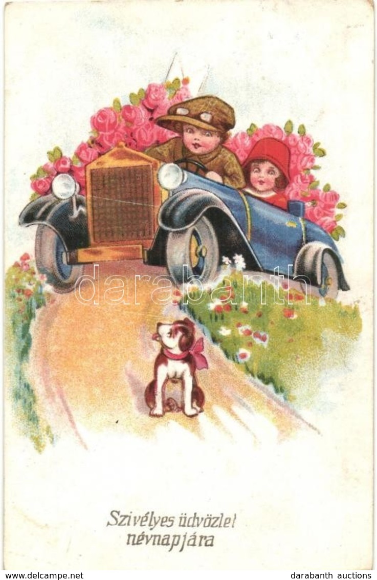 T2 Szívélyes üdvözlet Névnapjára / Name Day Greeting Card, Children In Automobile, Litho - Ohne Zuordnung