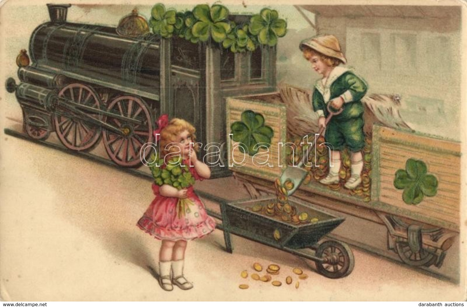 T2/T3 Children With Locomotive, Golden Coin Cargo, Clovers. Litho Greeting Card - Ohne Zuordnung