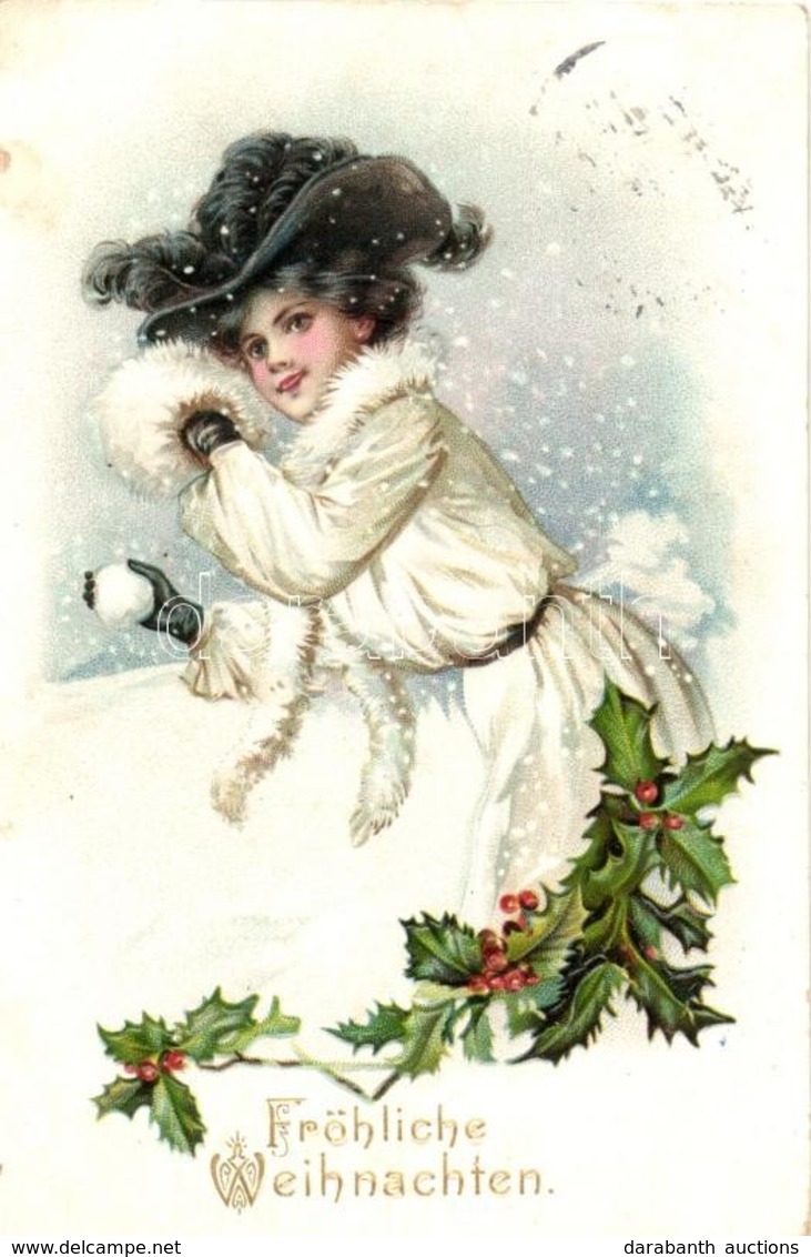 T3 Christmas, Snowballing Lady, Emb. Litho (small Tear) - Ohne Zuordnung