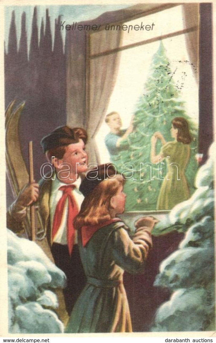T2/T3 Kellemes ünnepeket! M?vészeti Alkotások / Christmas Greeting Card, Scout Boy With Ski (EK) - Ohne Zuordnung