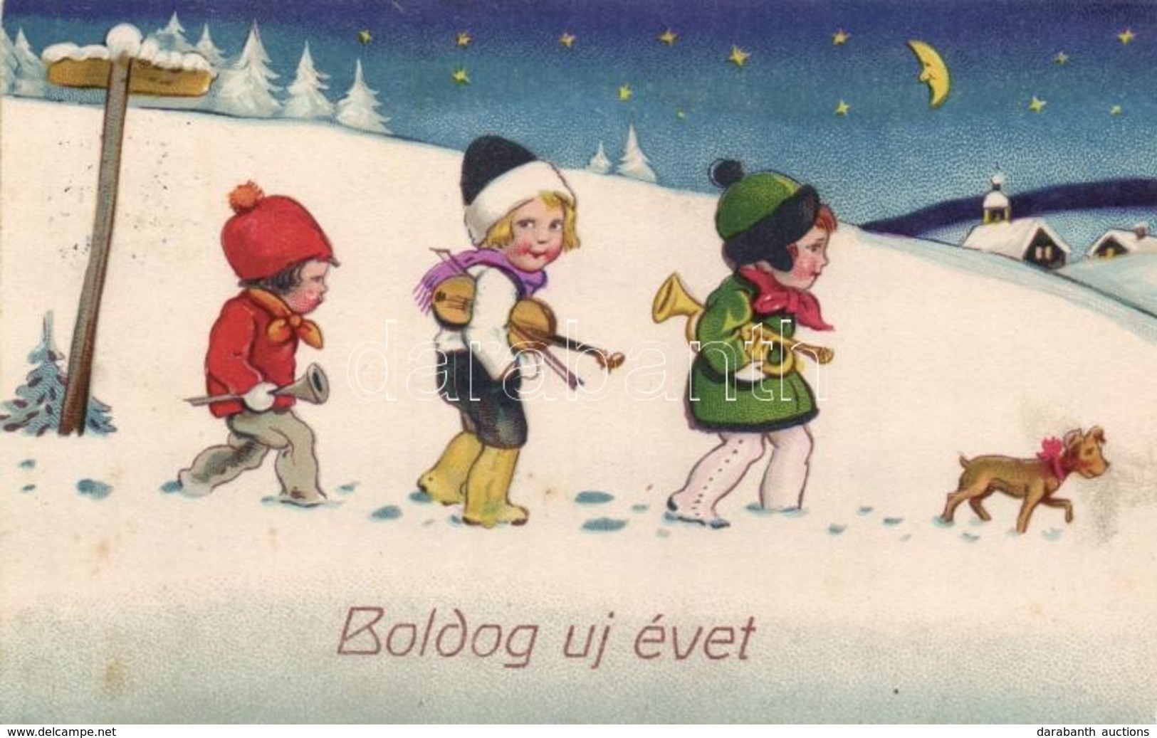 T3/T4 'Boldog új évet' / New Year, Children With Instruments, Amag No. 2229, Litho (kis Szakadás / Small Tear) - Ohne Zuordnung