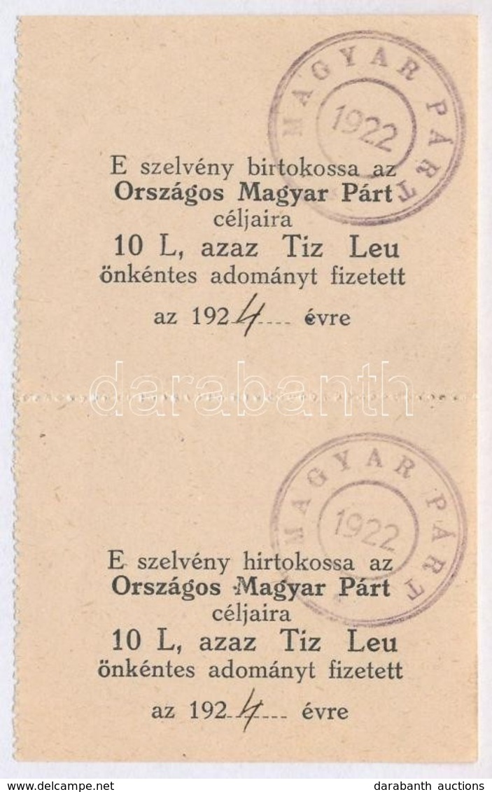 1924. 'Országos Magyar Párt' Adományszelvénye 10L értékben (2x) ívben, Mindkett? Bélyegzéssel T:I,I- - Ohne Zuordnung