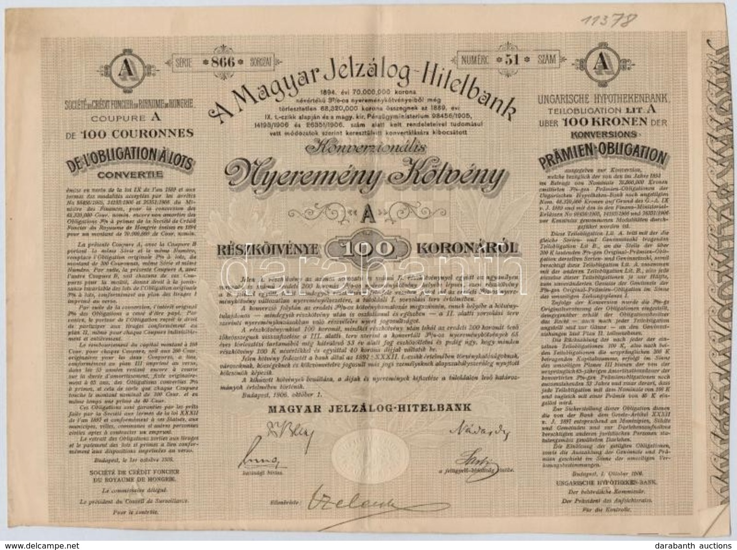 Budapest 1906. 'A Magyar Jelzálog-Hitelbank Konvenzionális Nyeremény-Kötvénye' 'B' Részkötvény 100K-ról, Szárazpecséttel - Ohne Zuordnung