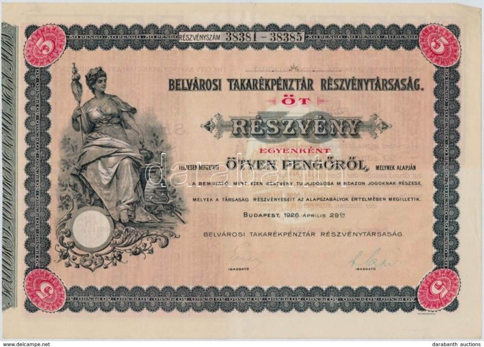 Budapest 1926. 'Belvárosi Takarékpénztár Részvénytársaság' öt Részvénye Egyben 250P-r?l (2x), Sorszámkövet?k, Szárazpecs - Ohne Zuordnung