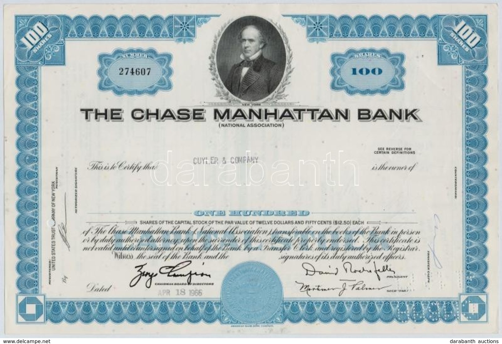 Amerikai Egyesült Államok 1966-1969. 'The Chase Manhattan Bank' Lyukasztással érvénytelenített Részvény (2xklf) Mindkett - Ohne Zuordnung