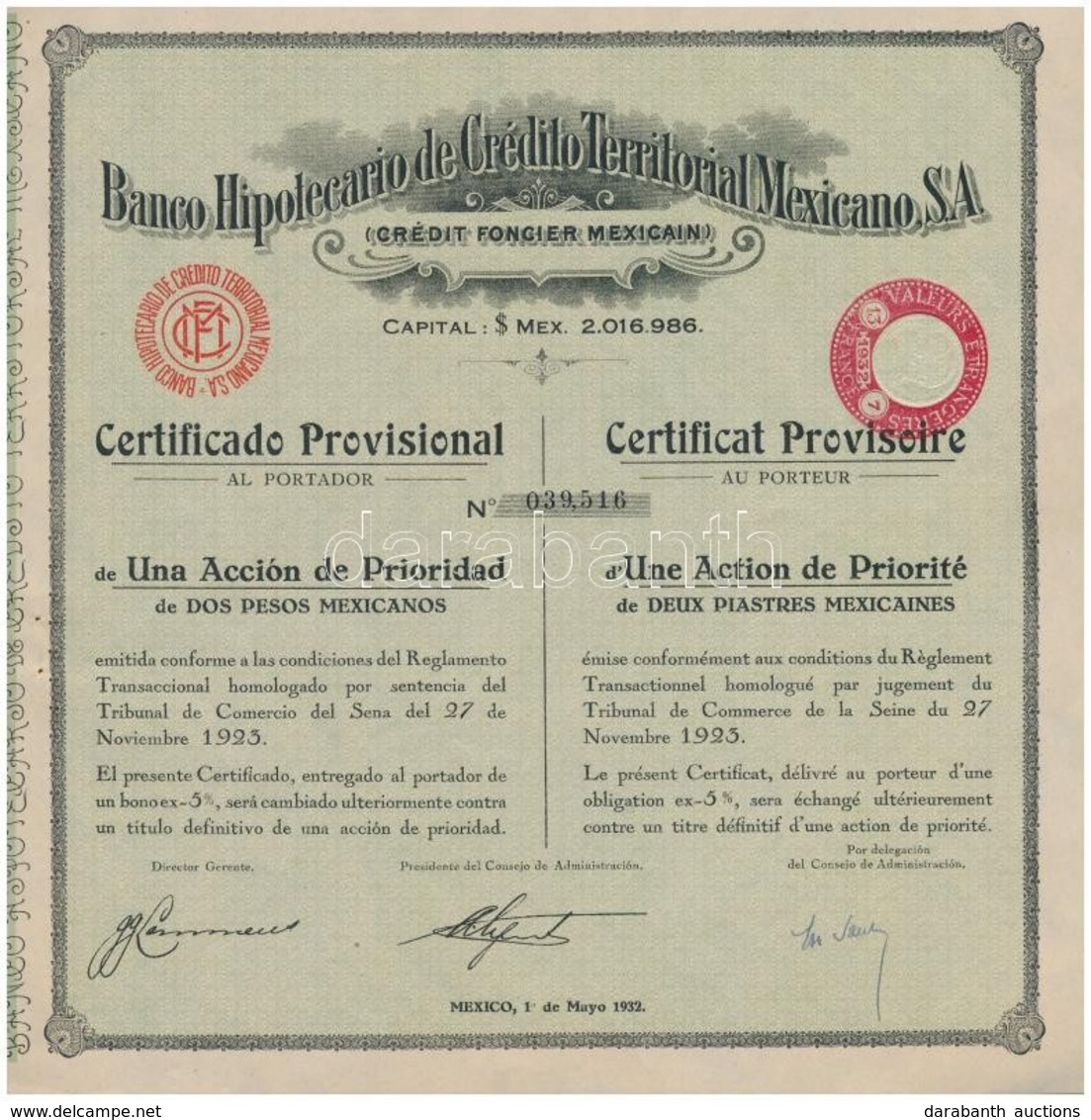 Mexikó 1932. 'Banco Hipotecario De Crédito Territorial Mexicano, S.A. (Mexikó Területi Hitelek Jelzálogbankja)' Ideiglen - Ohne Zuordnung