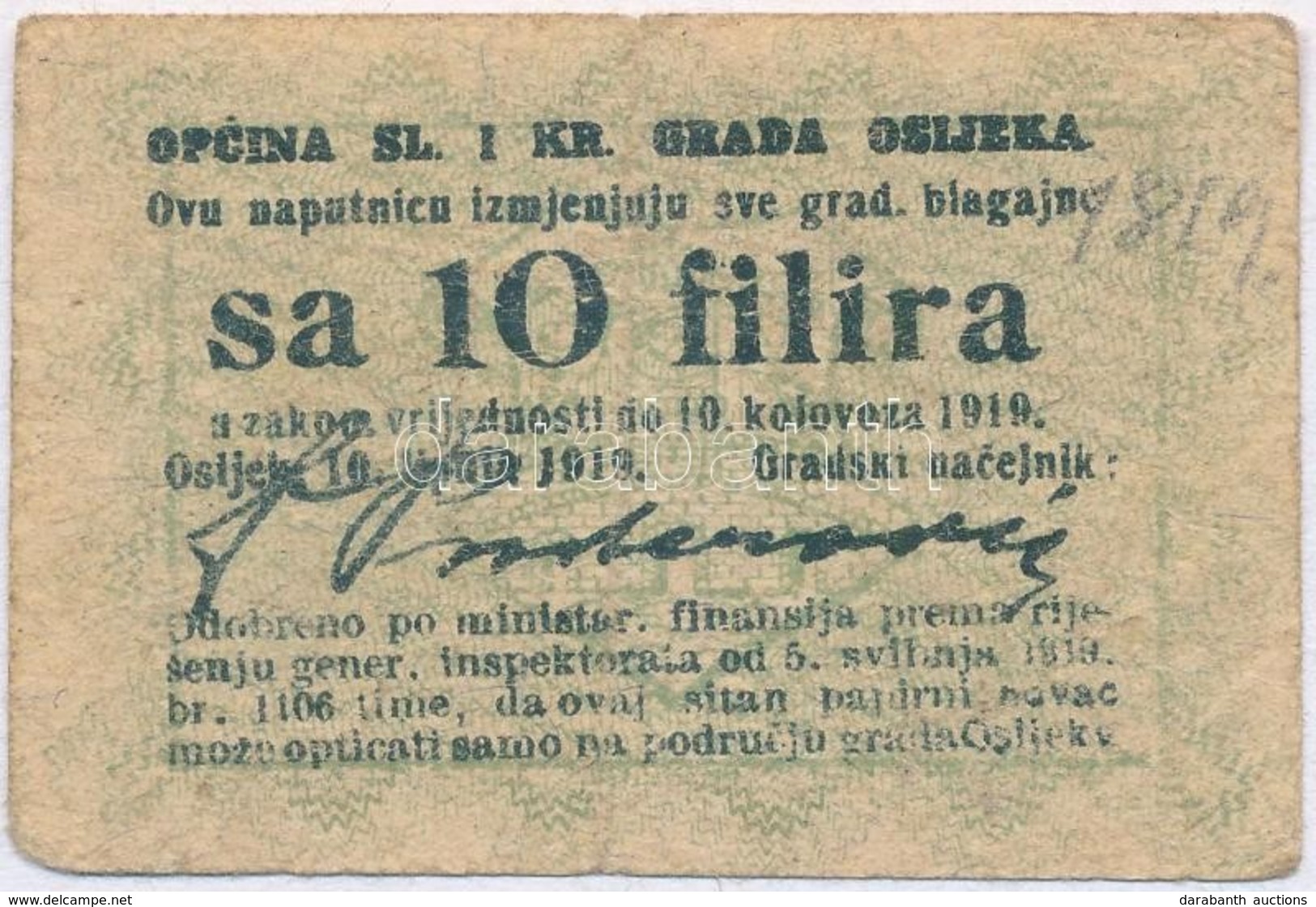 Eszék 1919. 10f T:III,III-
Osijek 1919. 10 Filira C:F,VG - Non Classés