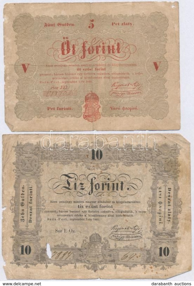 1848. 5Ft Vörösesbarna Nyomat + 10Ft 'Kossuth Bankó' T:III-,IV Ly. - Ohne Zuordnung