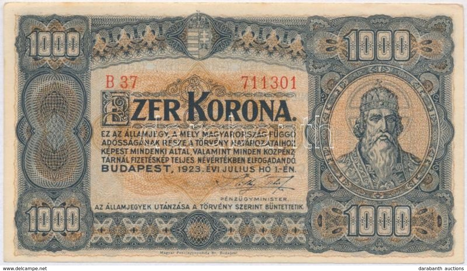 1923. 1000K 'Magyar Pénzjegynyomda Rt. Budapest' Nyomdahely Jelöléssel T:I,I- - Ohne Zuordnung
