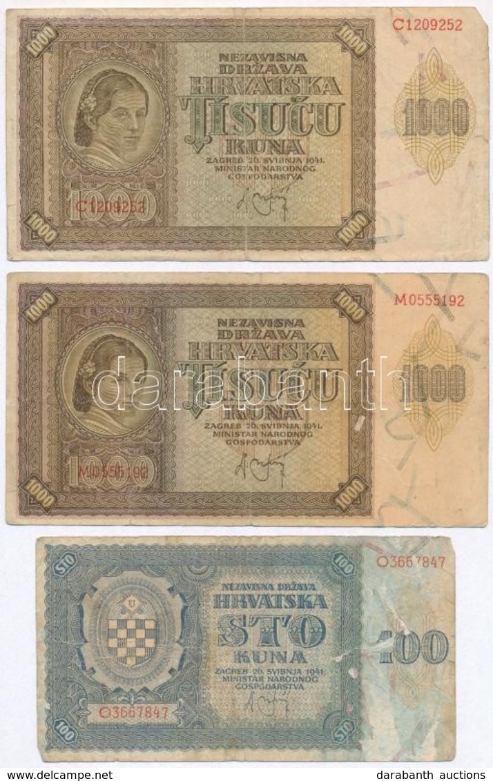 Független Horvát Állam 1941. 100K + 1000K (2x) T:III,III-
Independent State Of Croatia 1941. 100 Kuna + 1000 Kuna (2x) C - Ohne Zuordnung