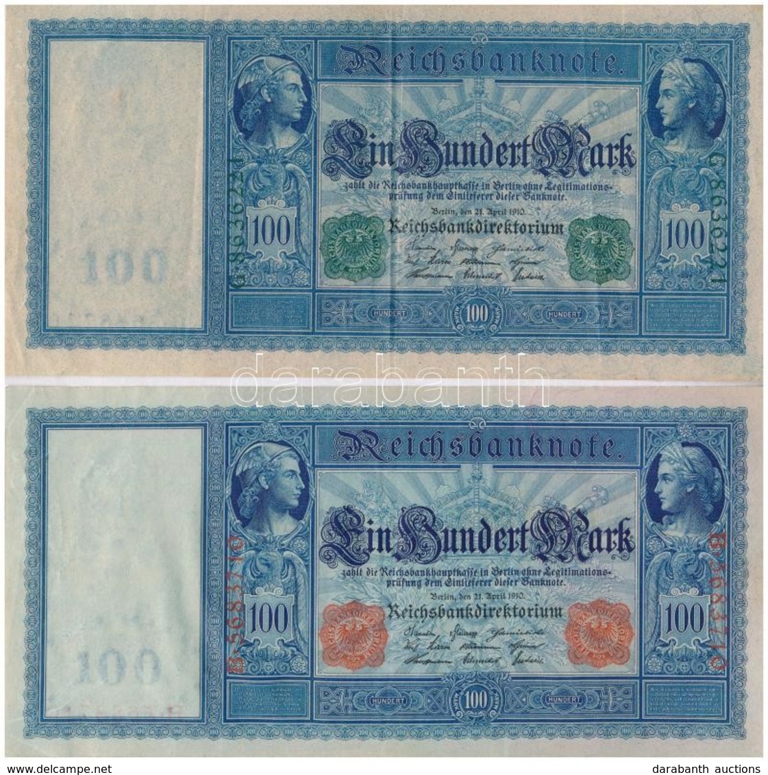 Német Birodalom 1910. 100M (2xklf) Piros és Zöld Pecséttel T:III Szép Papír
German Empire 1910. 100 Mark (2xdiff) Red An - Non Classificati