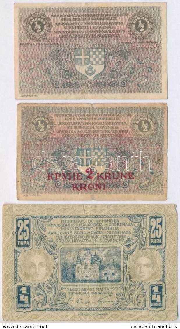 Szerb-Horvát-Szlovén Királyság 1919. 1/2D + 1/2D '2K' Felülbélyegzéssel + 1921. 25p / 1/4D T:III,III- Kis Ly.
Kingdom Of - Ohne Zuordnung