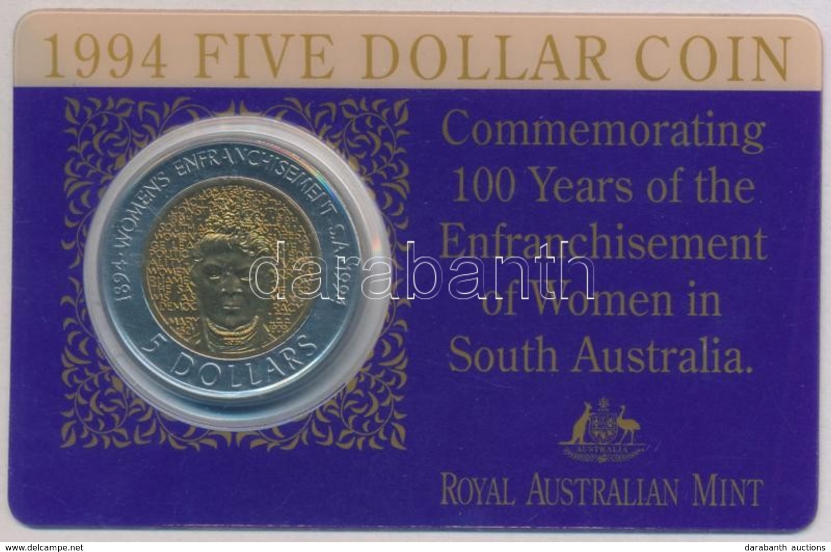 Ausztrália 1994. 5$ 'II. Erzsébet / Az Dél-ausztrál N?i Választójog 100. évfordulója' M?anyag Tokban T:1 
Australia 1994 - Ohne Zuordnung