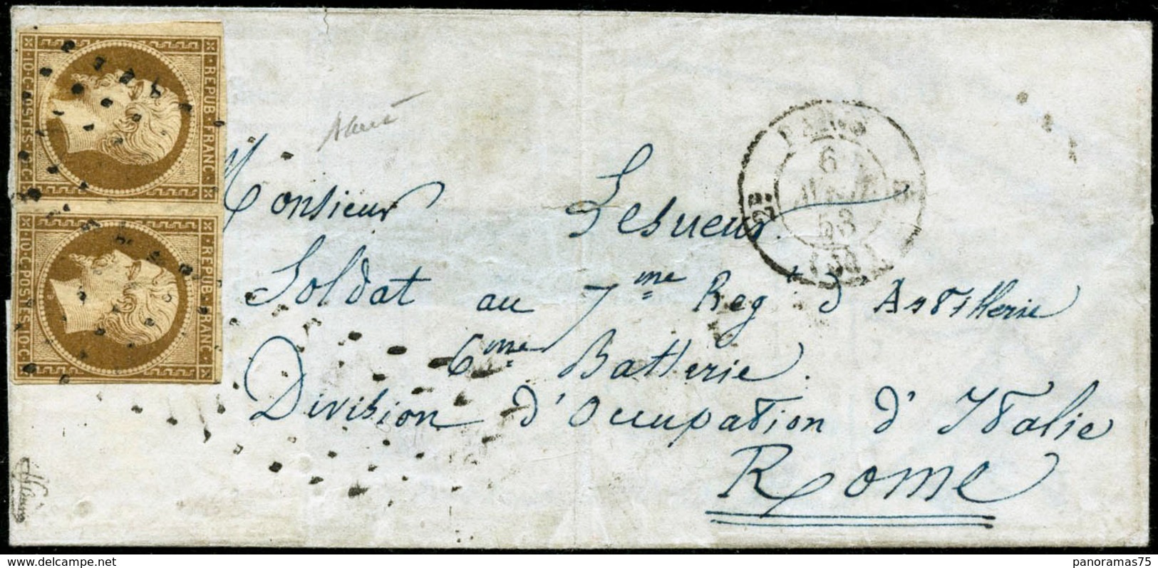 Lettre N°9 10c Bistre, Paire S/lettre Obl Gros Points Adressé à Rome (corps Expéditionnaire D'Italie) Signé JF Brun Et E - 1852 Luigi-Napoleone