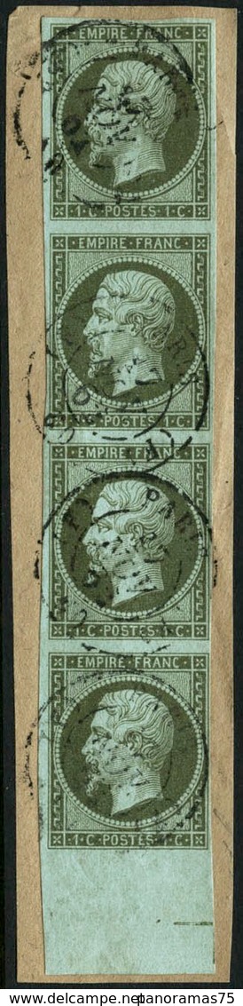 Oblit./fragment N°11 1c Olive, Bande De 4 BDF Avec Repère S/fgt - TB - 1853-1860 Napoleone III