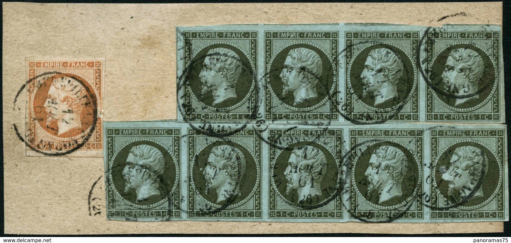 Oblit./fragment N°11 + 16 1c Vert-olive, Bande De 5 + Bande De 4 + 40c Orange S/fgt Obl CàD - TB - 1853-1860 Napoleone III