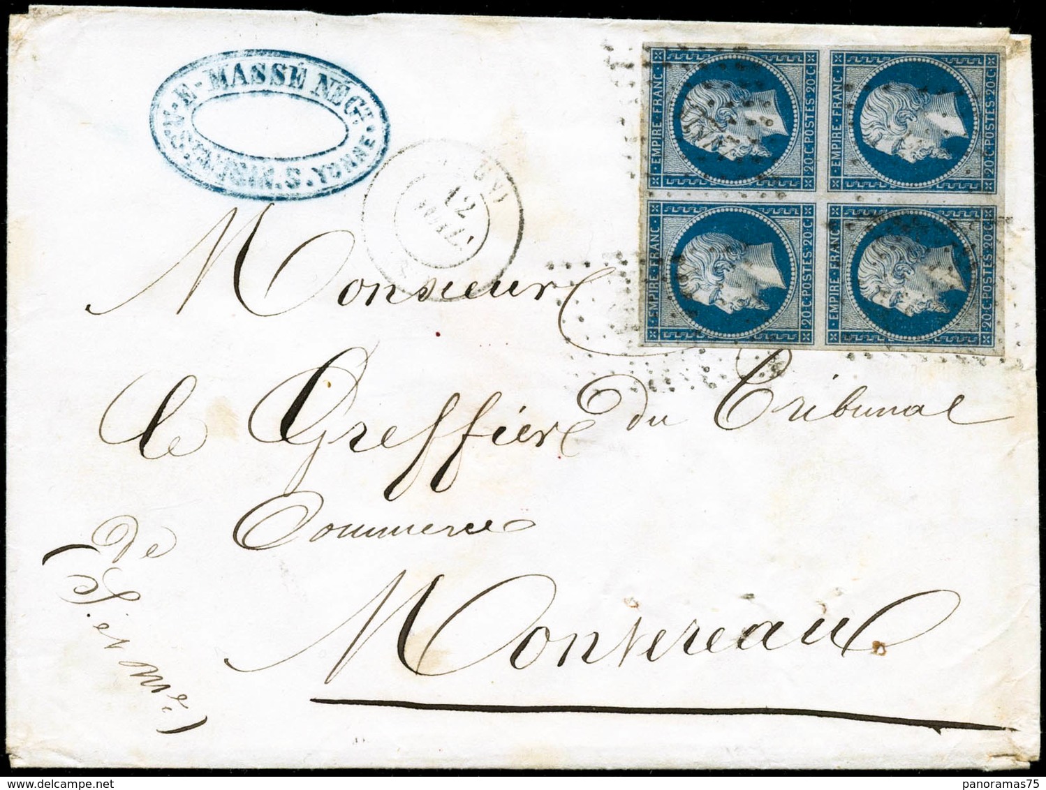 Lettre N°14A 20c Bleu, Type I, Bloc De 4 S/lettre Cachet D'arrivée Au Verso Montereau 13/7/57 - TB - 1853-1860 Napoleone III