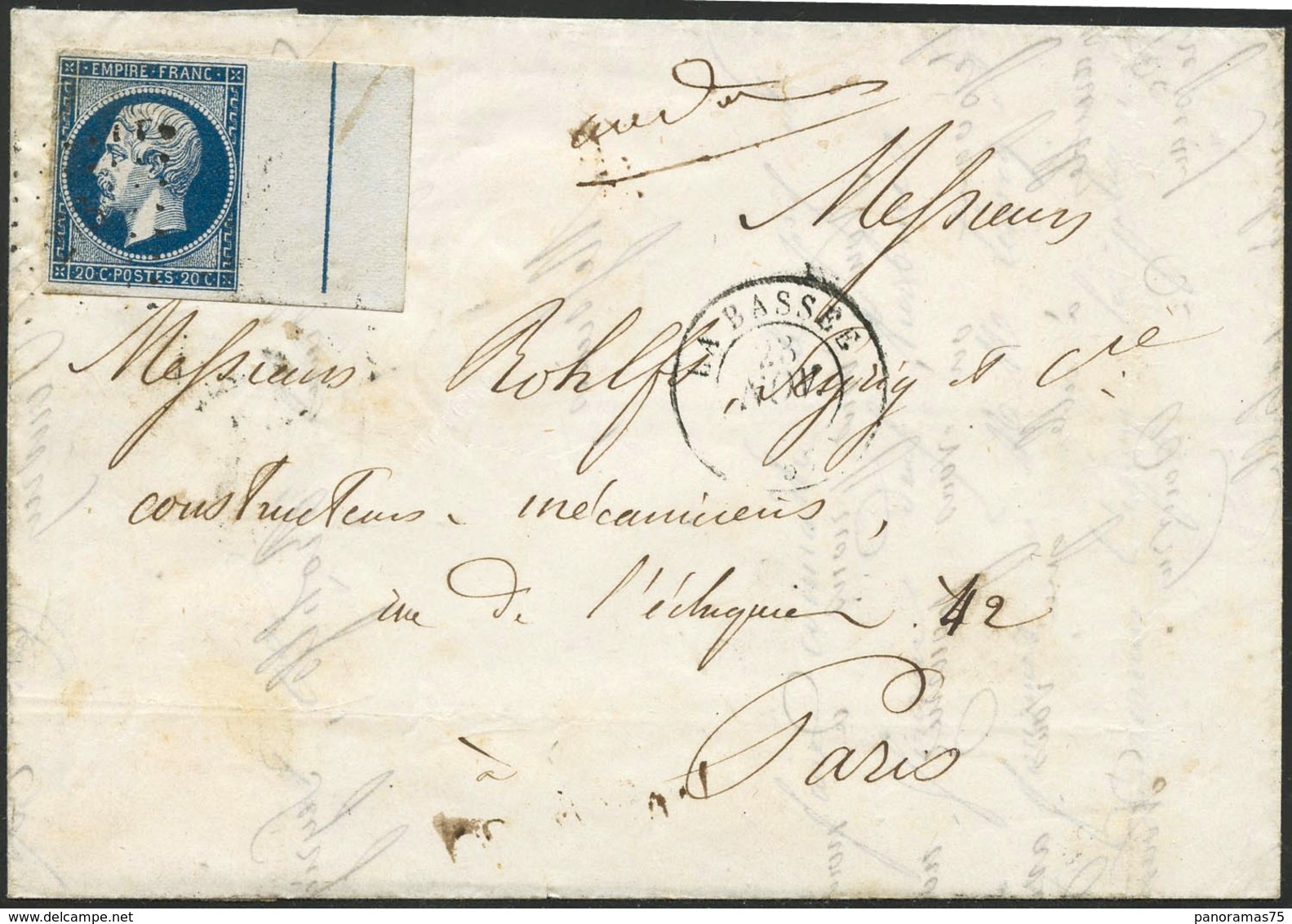 Lettre N°14Aj 20c Bleu, Filet D'encadrement S/lettre De La Bassée - TB - 1853-1860 Napoleone III