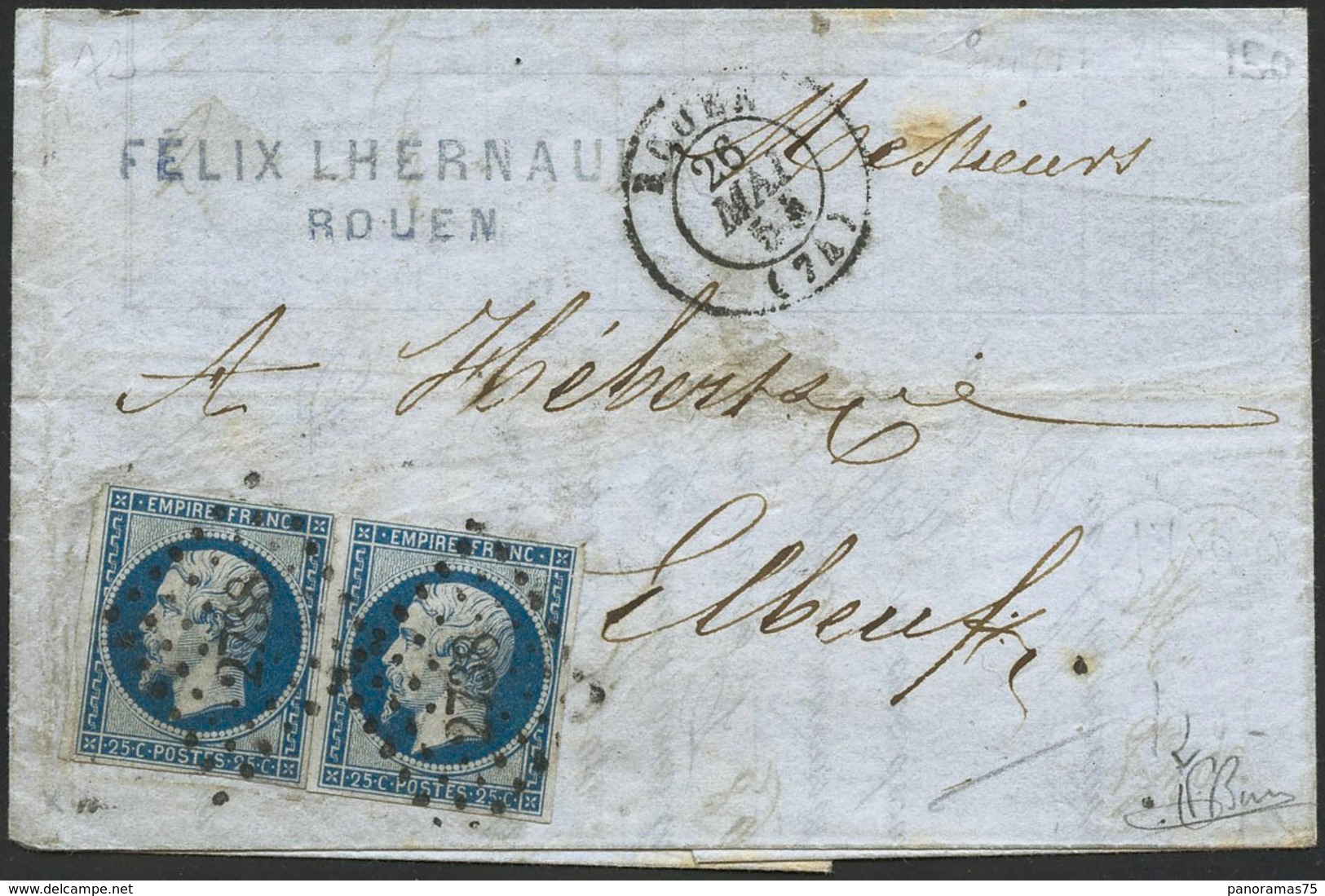 Lettre N°15 25c Bleu Paire S/lettre Obl PC 2738 De Rouen Pour Elbeuf, Cachet D'arrivée Au Verso 27/5/54 - B - 1853-1860 Napoléon III.
