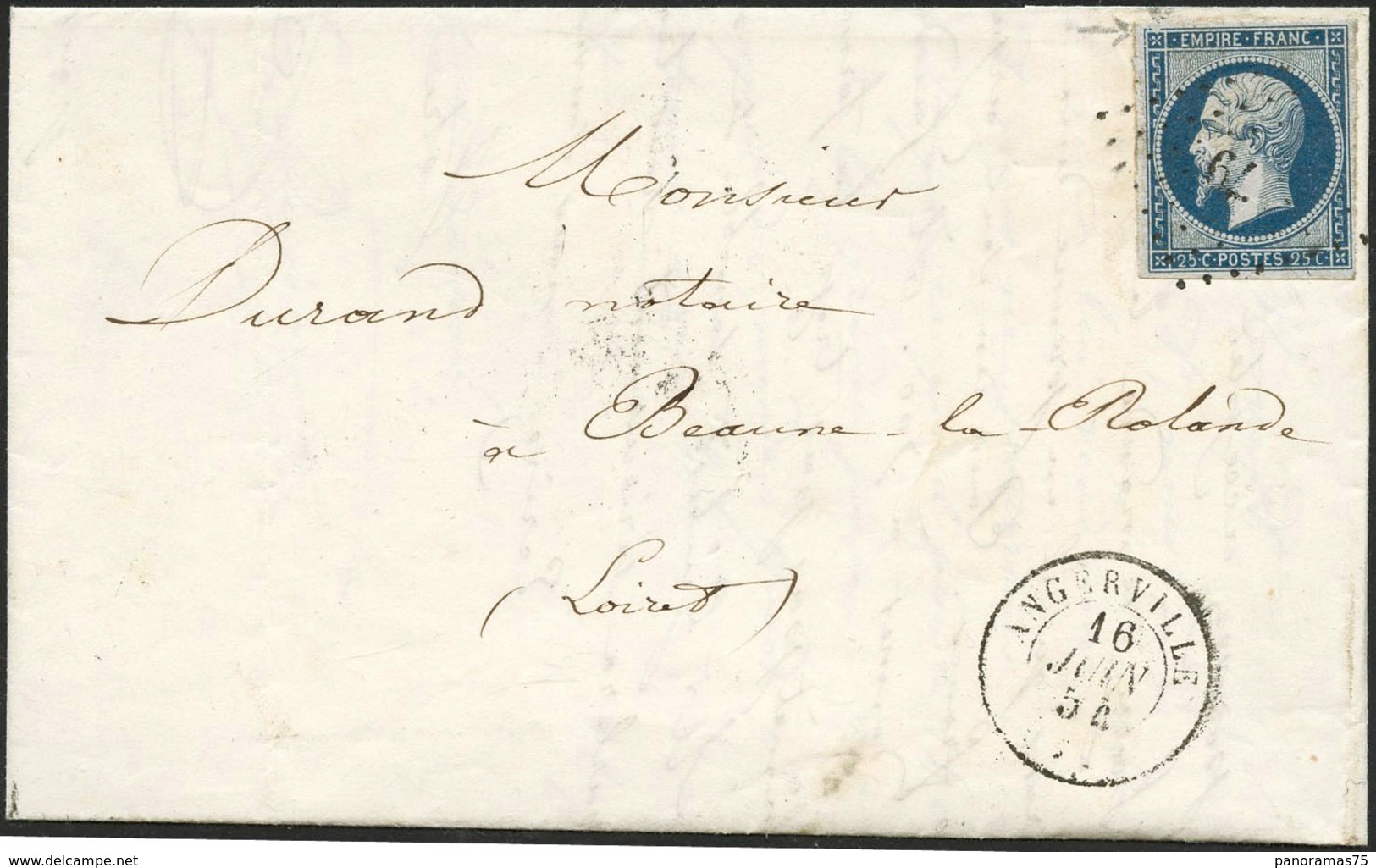 Lettre N°15 25c Bleu S/lettre D'Angerville, Superbe Variété, Encoche Angle NO   - TB - 1853-1860 Napoleone III