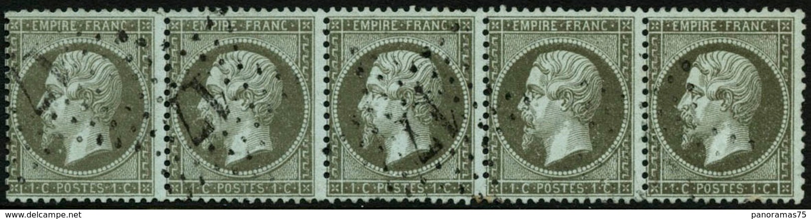 Oblit. N°19 1c Olive, Bande De 5 étoile 17 - TB - 1862 Napoleon III
