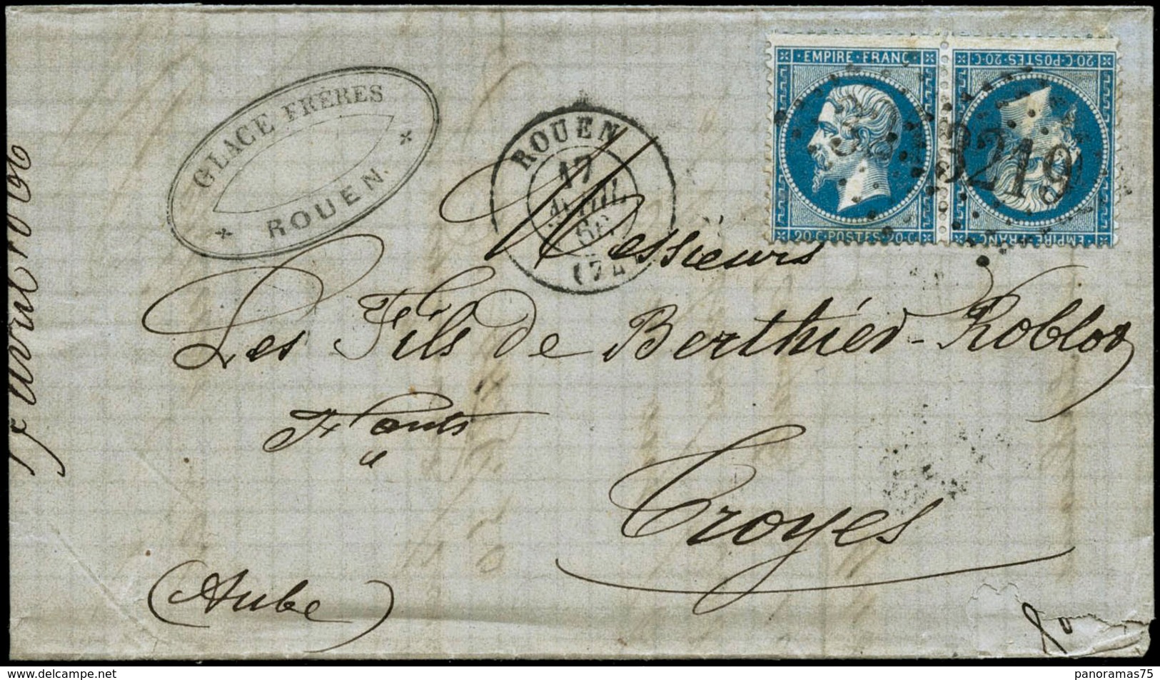 Lettre N°22b 20c Bleu, Paire Tête-bèche S/lettre Obl GC 3219 (Rouen) Pour Troyes Cachet D'arrivée Au Verso - TB - 1862 Napoleone III