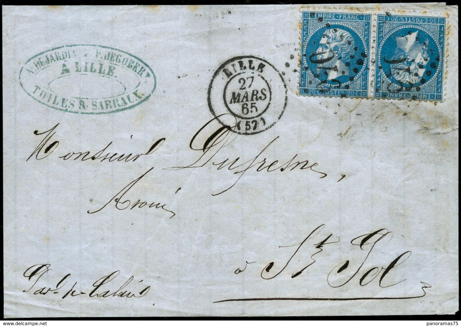 Lettre N°22b 20c Bleu, Paire Tête-bèche Sur Devant De Lettre Obl GC - TB - 1862 Napoleone III