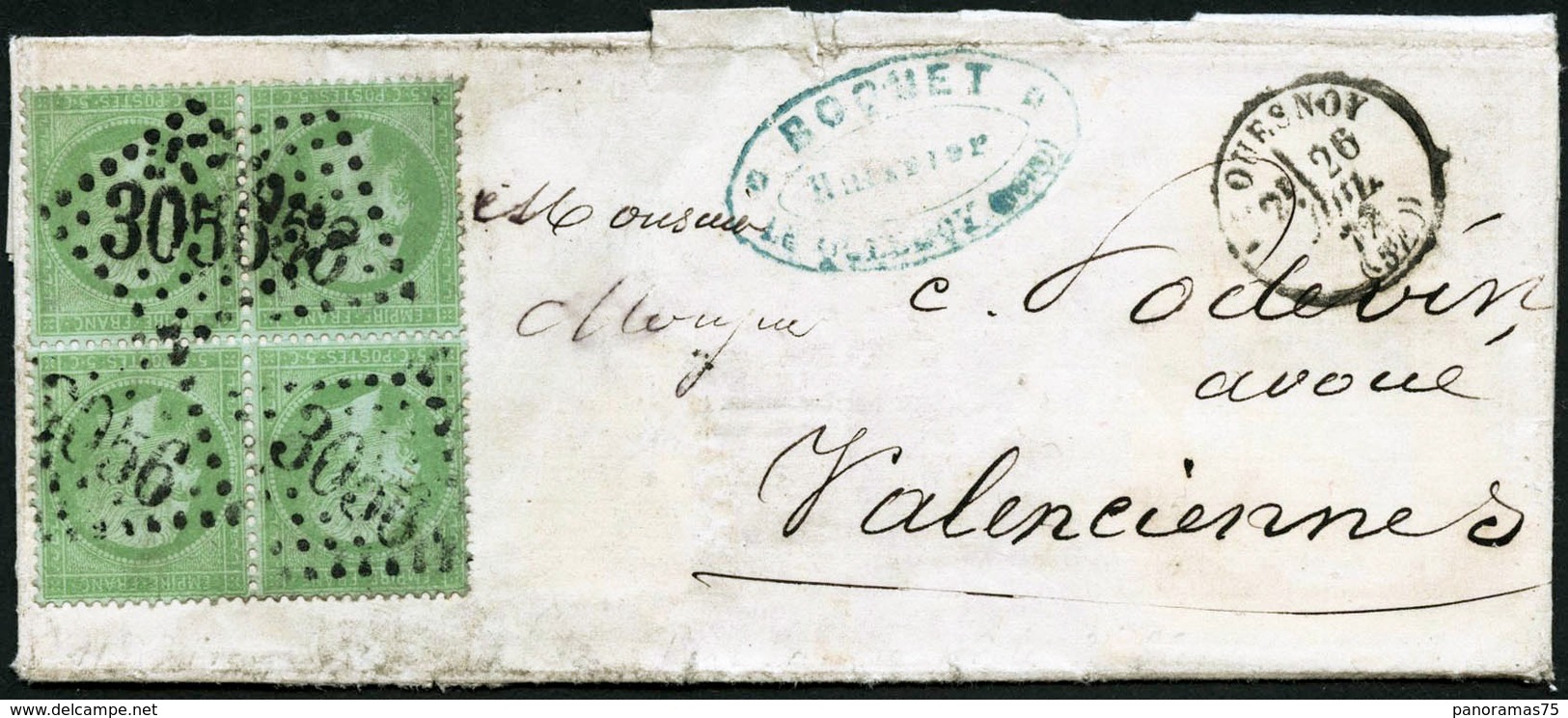 Lettre N°35 5c Vert Pâle S/bleu, Bloc De 4 S/lettre Obl 3056 - TB - 1863-1870 Napoleon III With Laurels