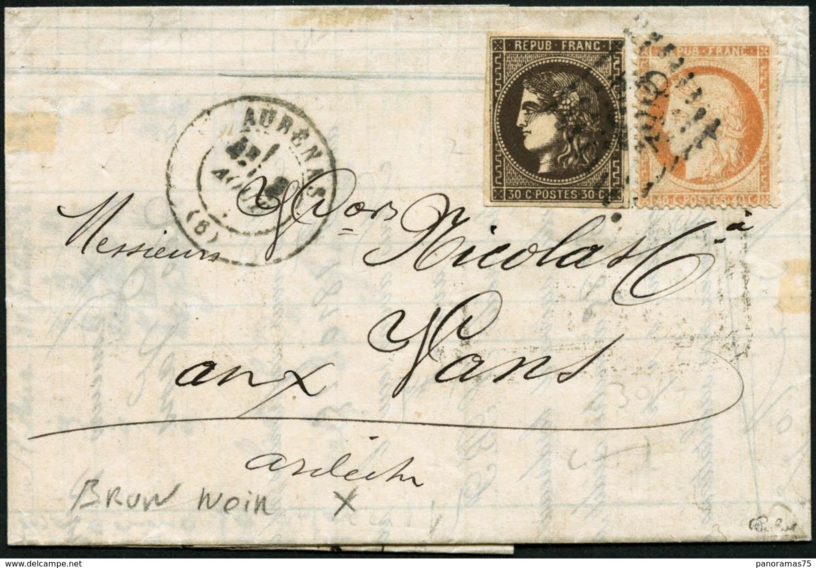 Lettre N°47b + 38 30c Brun-noir Plus De 40c Orange S/lettre, Certif Calves - TB - 1870 Emissione Di Bordeaux