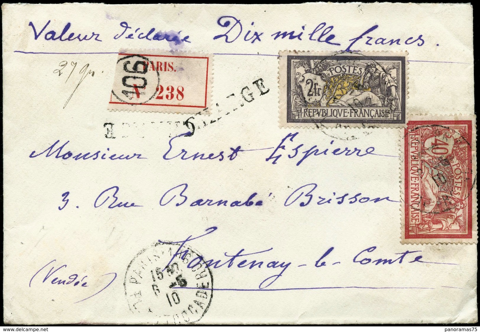 Lettre N°122 + 119  2F Violet + 40c Merson S/lettre Chargée - TB - 1871-1875 Ceres