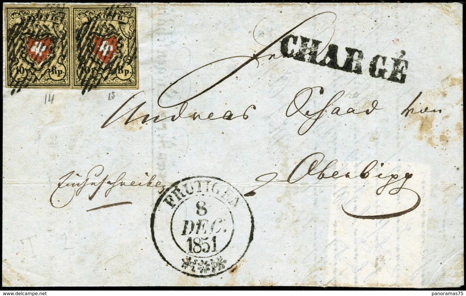 Lettre N°15 X 2 Paire Du 10r Jaune Noir Et Rouge Sur Devant De Lettre De Frutigen Du 8/12/1851 - TB - Altri & Non Classificati