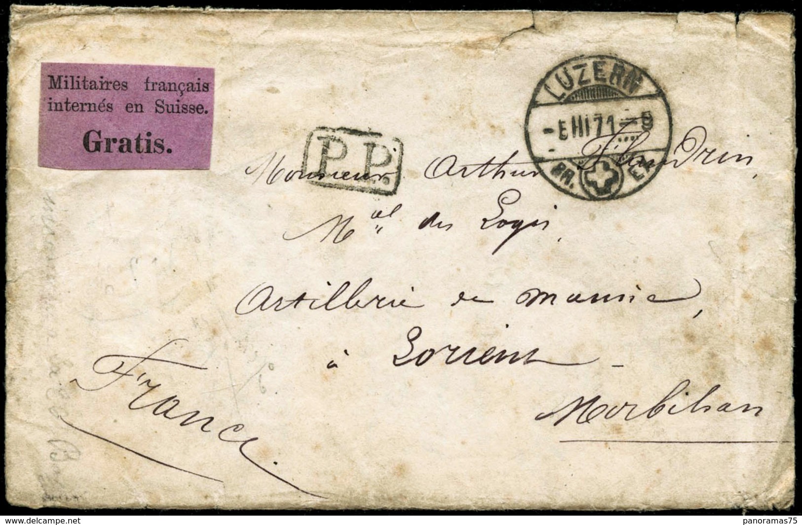 Lettre N°1 Vignette S/lettre De Lucerne De Mars 1871 Pour Lorient Avec Le Courrier Du Militaire Français Interné En Suis - Altri & Non Classificati