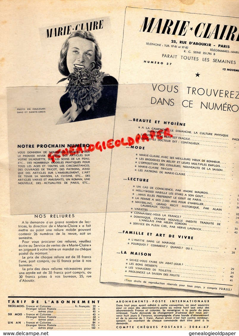 MARIE CLAIRE- REVUE MODE N° 37- 12 NOVEMBRE 1937-HOLLYWOOD-MARLENE DIETRICH-KAY FRANCIS-OLIVIA DE HAVILAND-GINGER ROGERS - Moda