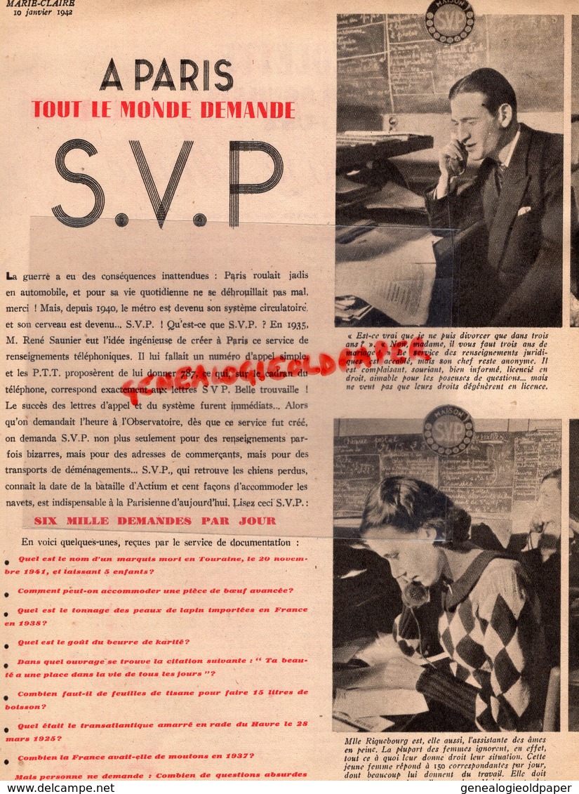 MARIE CLAIRE- REVUE MODE N°232- 10-1-1942-CHAPEAU DE MME SUZY-COLETTE-PARIS S.V.P.-RENE SAUNIER-MARIEE MARIAGE-CHAMOIS - Mode