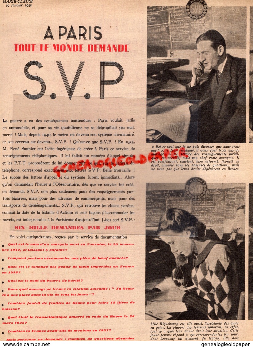 MARIE CLAIRE- REVUE MODE N°232- 10-1-1942-CHAPEAU DE MME SUZY-COLETTE-PARIS S.V.P.-RENE SAUNIER-MARIEE MARIAGE-CHAMOIS - Moda