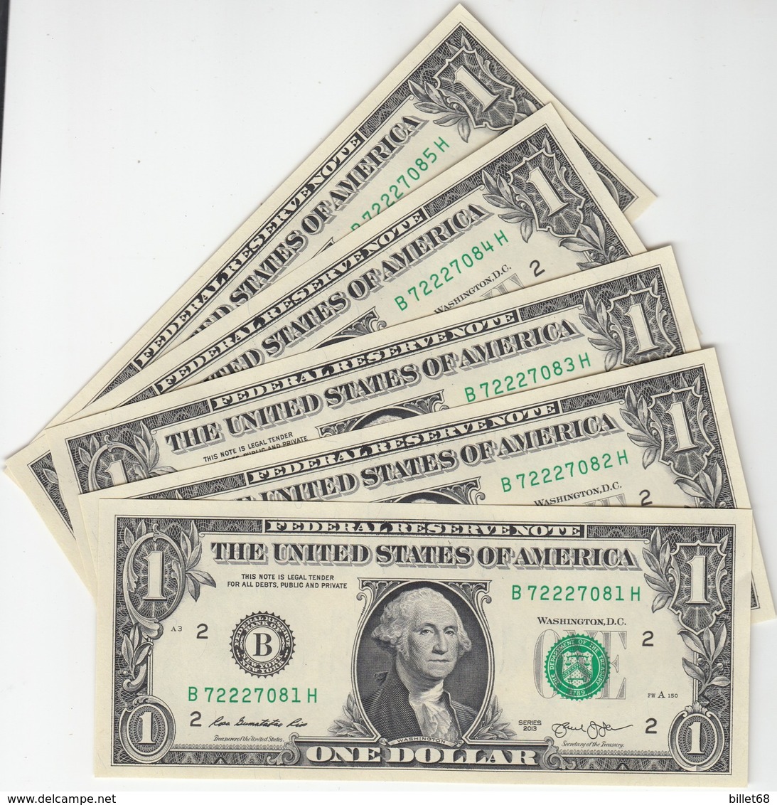 Serie De 5 Billets De 1 Dollar NEW YORK 2013 Neufs Consecutifs 081H - Billets De La Federal Reserve (1928-...)
